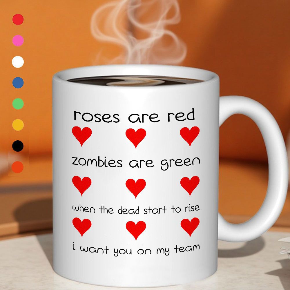 Tailorly White Ceramic 11 oz Mug - red hearts with text "zombies are green when the dead start to"