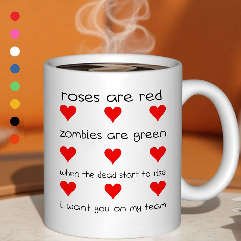 Tailorly White Ceramic 11 oz Mug - red hearts with text "zombies are green when the dead start to"