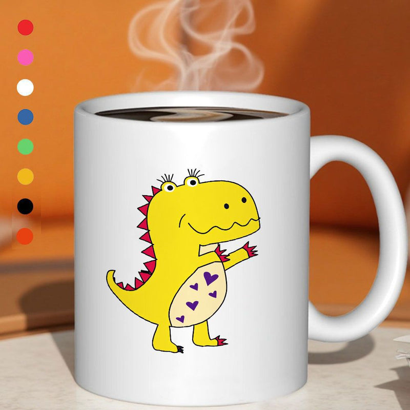 Tailorly White Ceramic 11 oz Mug - yellow dinosaur with red spikes， round eyes， long eyelashes