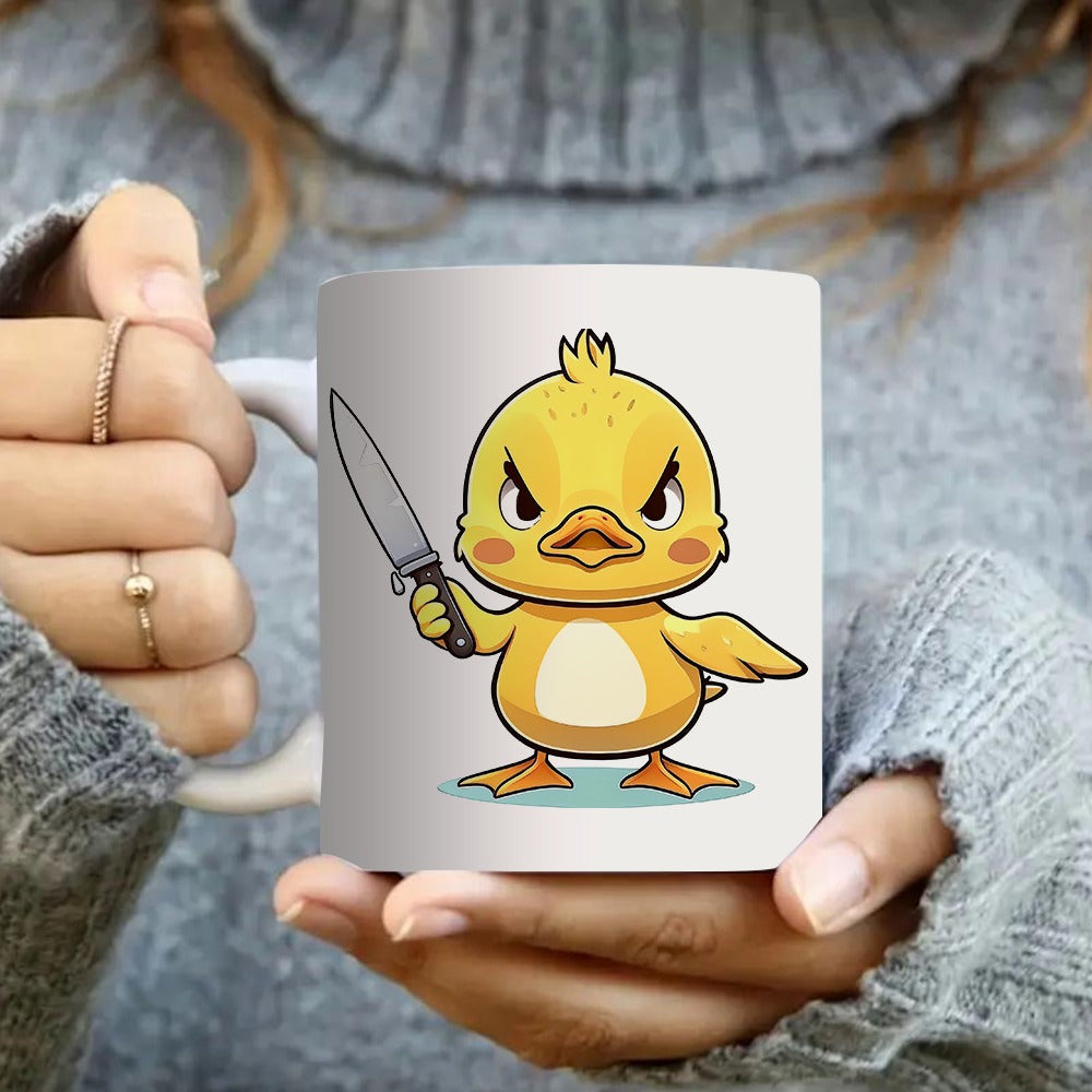 Tailorly White Ceramic 11 oz Mug - an adorable angry duck with a knife