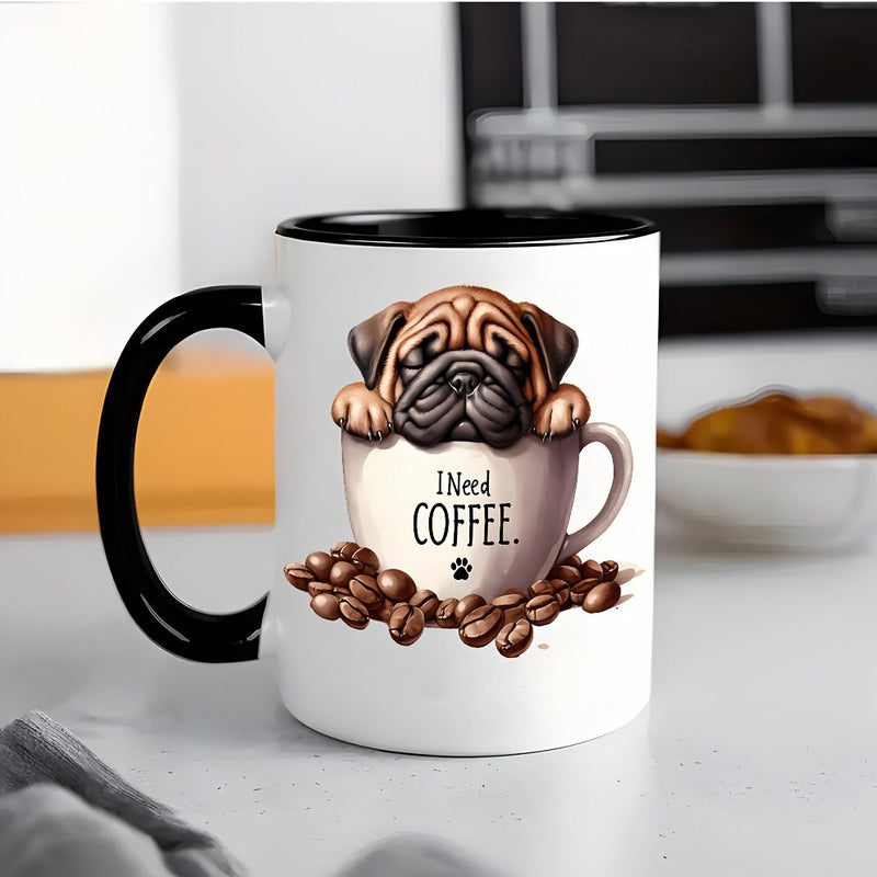Tailorly Black Accent 11 oz Mug - 1 customizable ceramic mug with a personalized cute puppy design featuring a seaside scene reusable and in it a