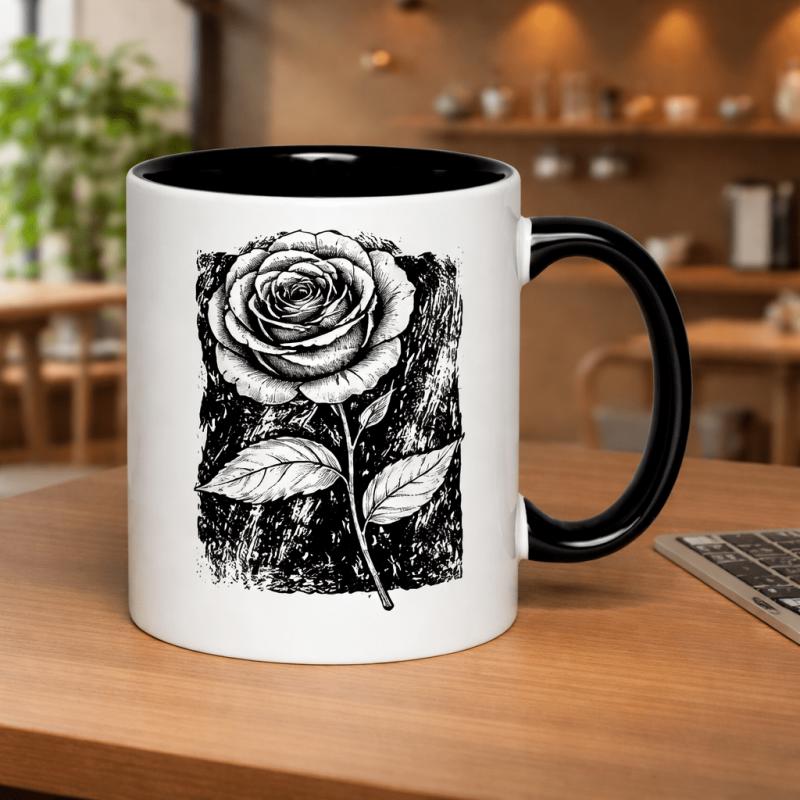 Tailorly Black Accent 11 oz Mug - black and white rose sketch with textured background