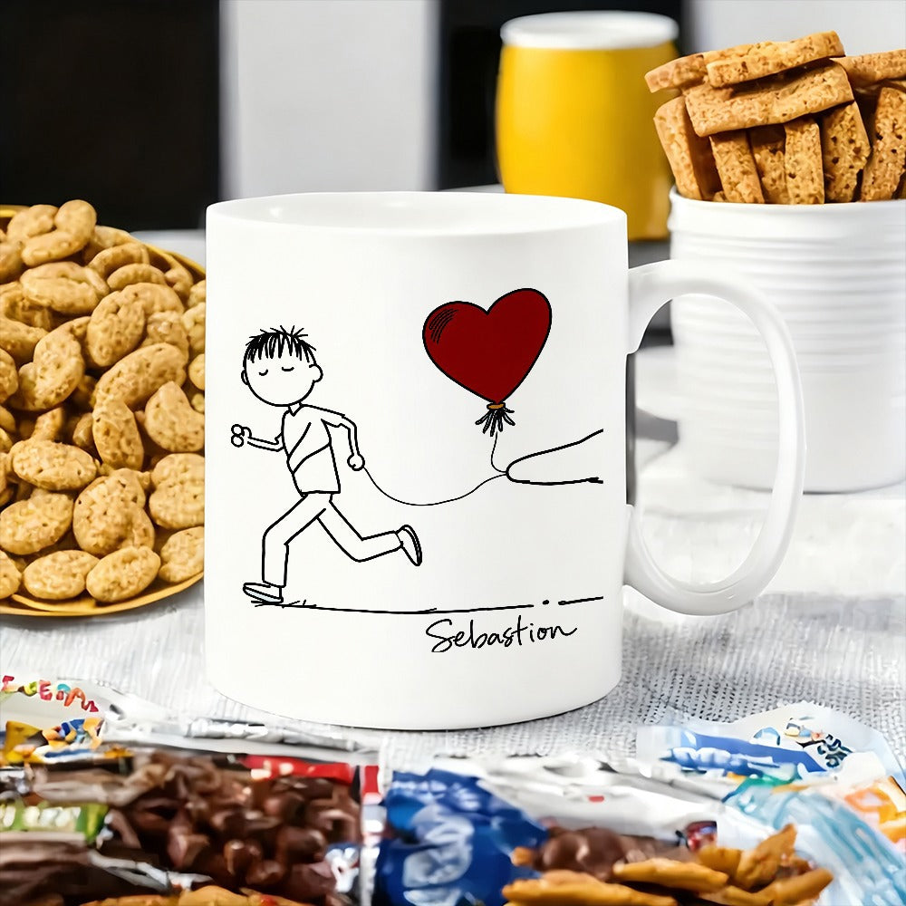 Tailorly White Ceramic 11 oz Mug - a man running with a red heart balloon