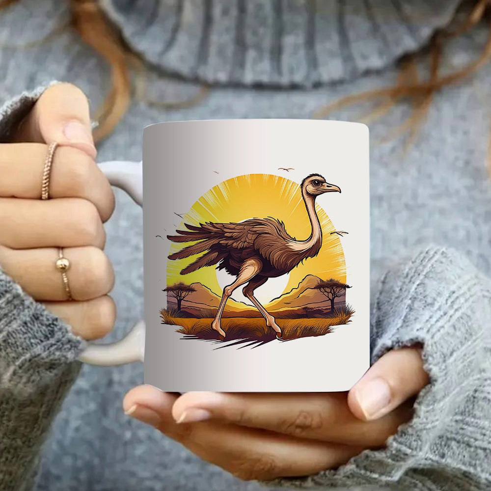 Tailorly White Ceramic 11 oz Mug - ostrich running in a landscape