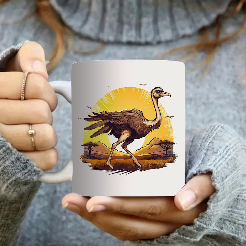Tailorly White Ceramic 11 oz Mug - ostrich running in a landscape