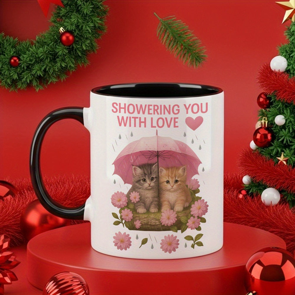 Tailorly Black Accent 11 oz Mug - cats under an umbrella surrounded by flowers