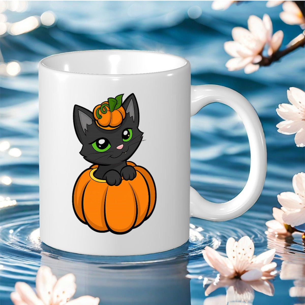 Tailorly White Ceramic 11 oz Mug - cute halloween pumpkin cat