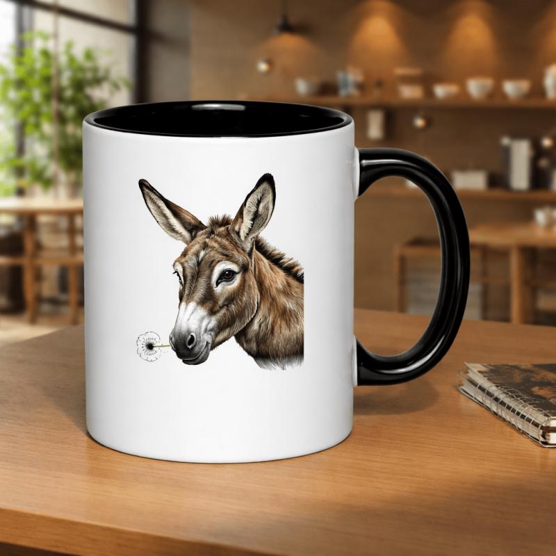 Tailorly Black Accent 11 oz Mug - cute donkey holding a dandelion flower illustration