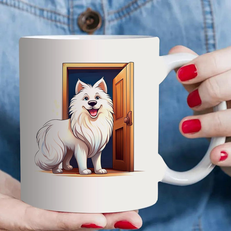 Tailorly White Ceramic 11 oz Mug - cute standing at door design， unique animal