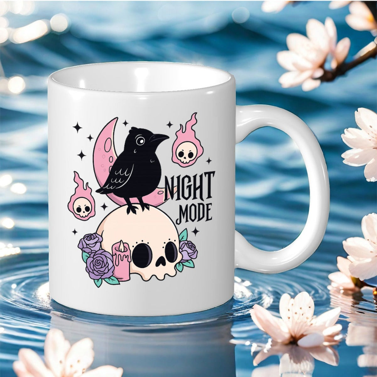 Tailorly White Ceramic 11 oz Mug - halloween night skull with "have a scary day" text