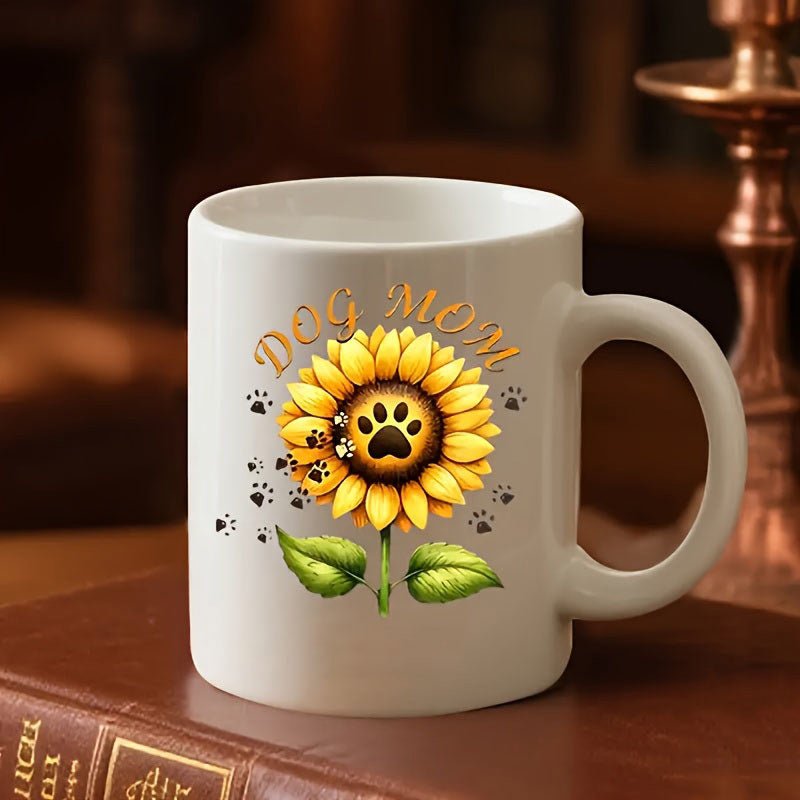 Tailorly White Ceramic 11 oz Mug - dog mom text with sunflower