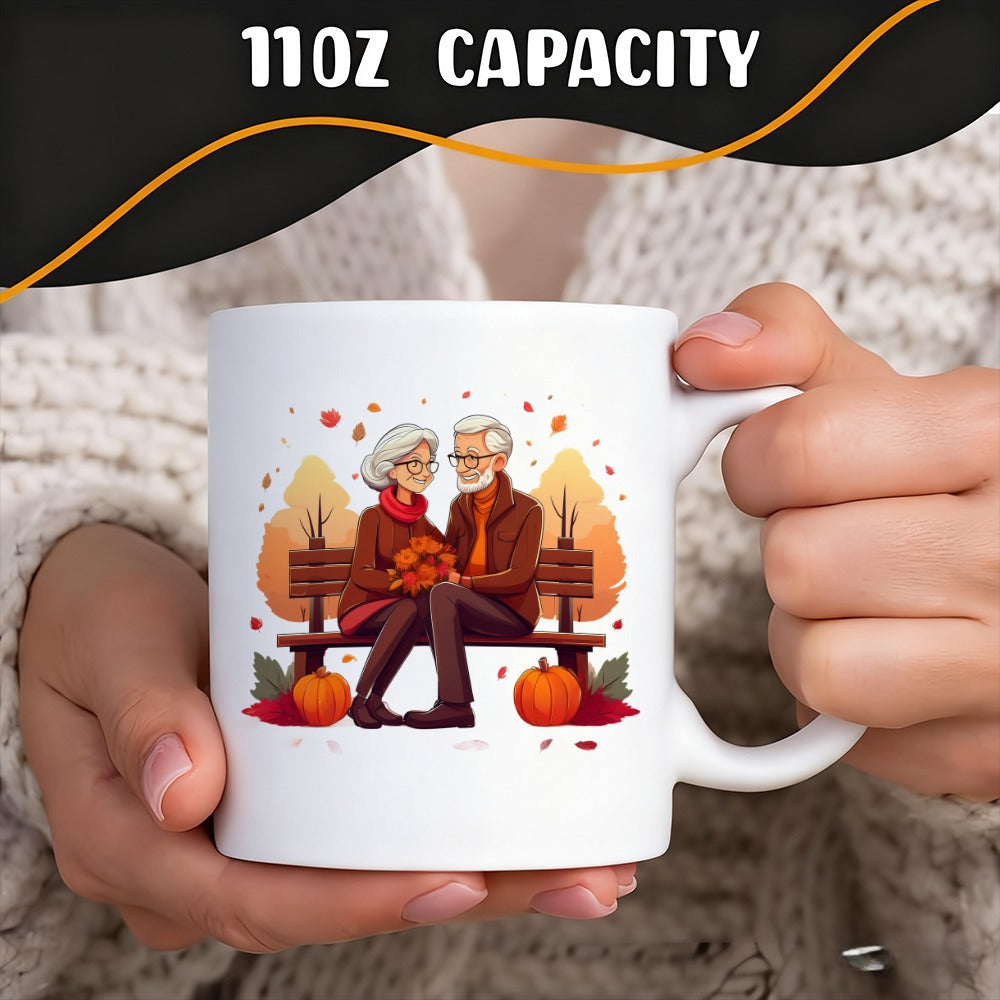 Tailorly White Ceramic 11 oz Mug - elderly couple autumn scene