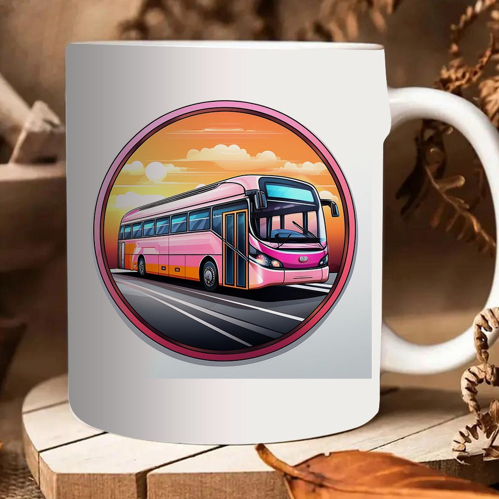 Tailorly White Ceramic 11 oz Mug - pink bus sunset design