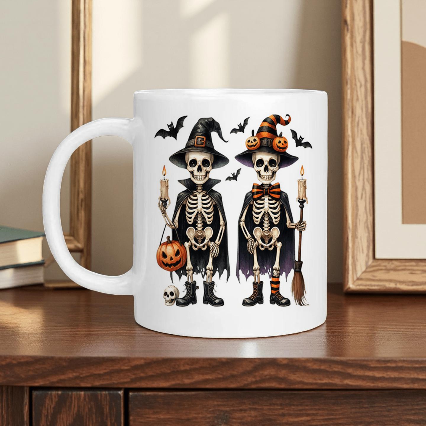Tailorly White Ceramic 11 oz Mug - halloween themed skeleton wizard
