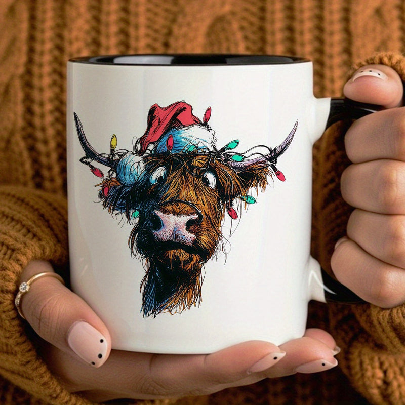 Tailorly Black Accent 11 oz Mug - highland cow with santa hat and string lights