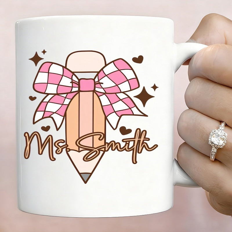 Tailorly White Ceramic 11 oz Mug - ms adorable with a pink bow and hearts