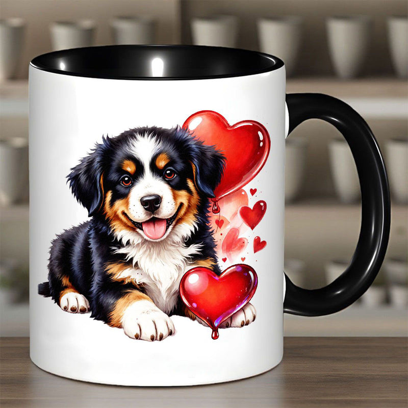 Tailorly Black Accent 11 oz Mug - bernese puppy with customizable text or logo