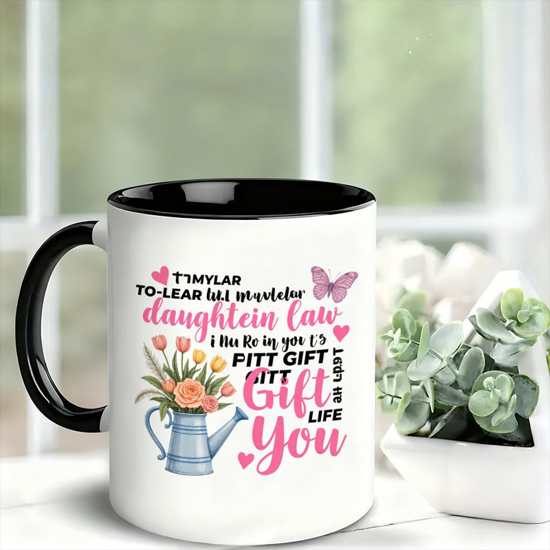 Tailorly Black Accent 11 oz Mug - beautiful floral with watering can and butterflies daughters in law text
