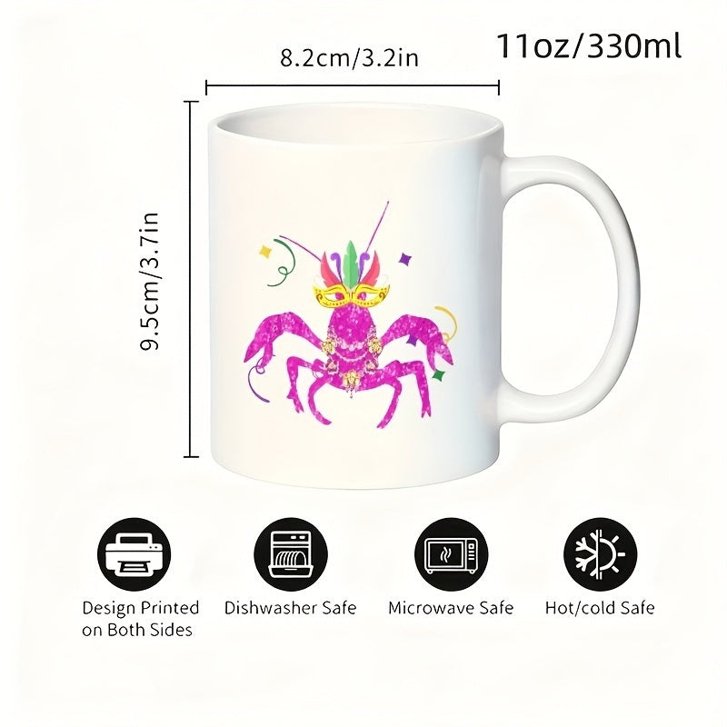 Tailorly White Ceramic 11 oz Mug - colorful mask wearing crab with vibrant purple eyes