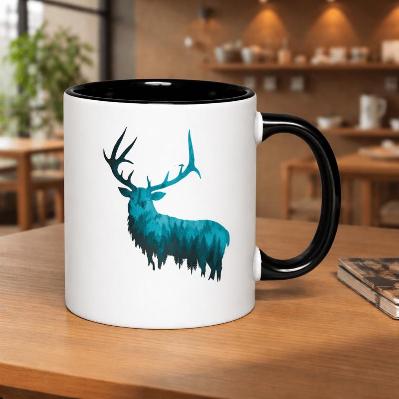 Tailorly Black Accent 11 oz Mug - elegant elk outline featuring a forest scene