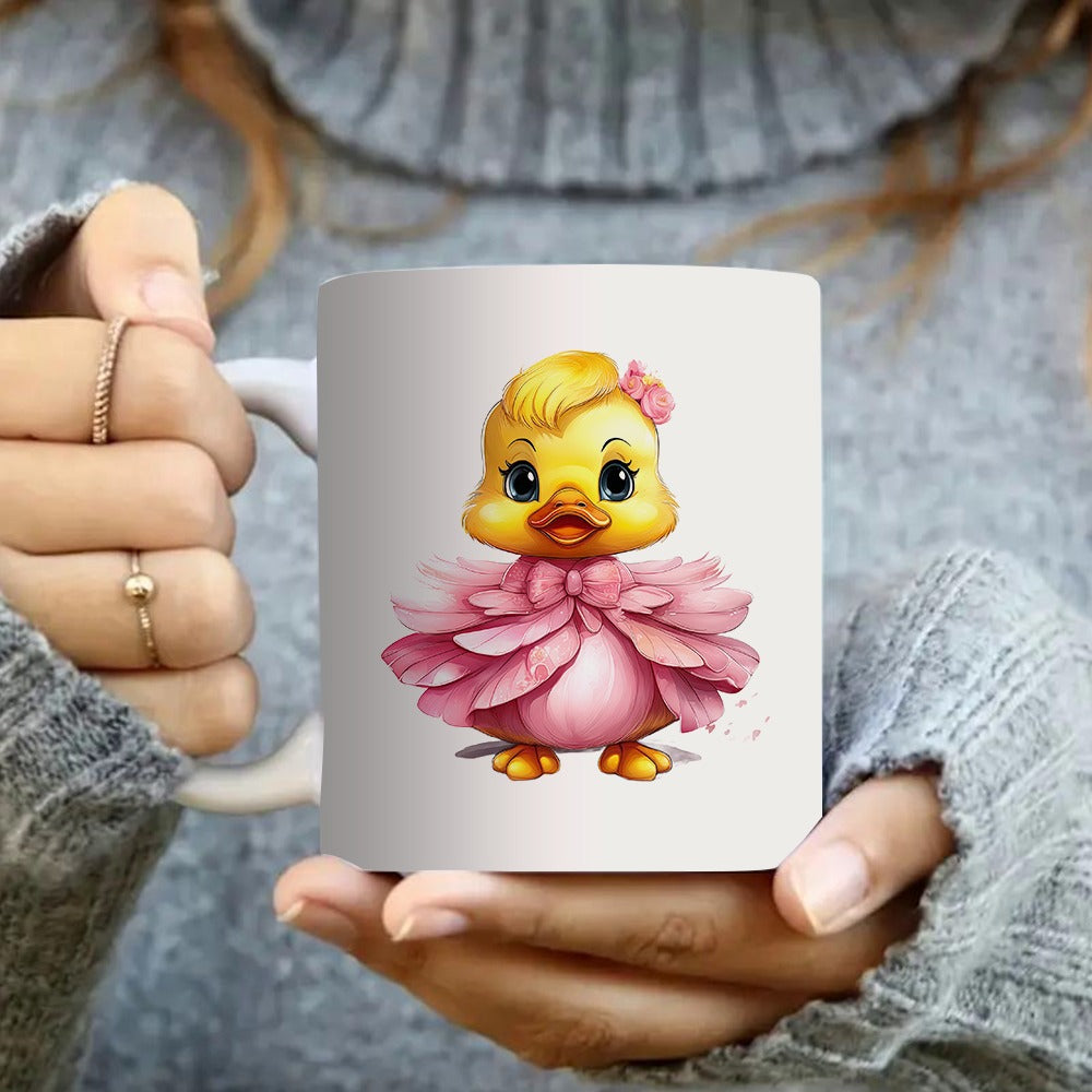 Tailorly White Ceramic 11 oz Mug - cute duck in pink dress