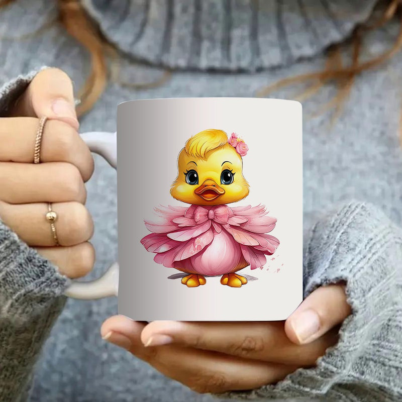 Tailorly White Ceramic 11 oz Mug - cute duck in pink dress