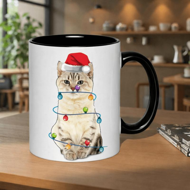Tailorly Black Accent 11 oz Mug - cute cat wearing santa hat in christmas lights