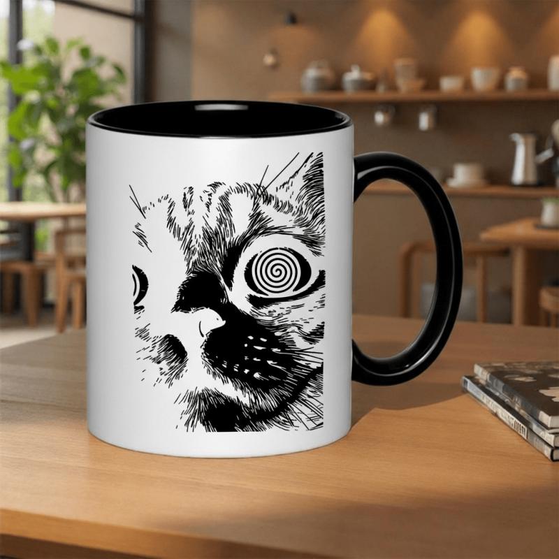 Tailorly Black Accent 11 oz Mug - cat face with eyes graphic design