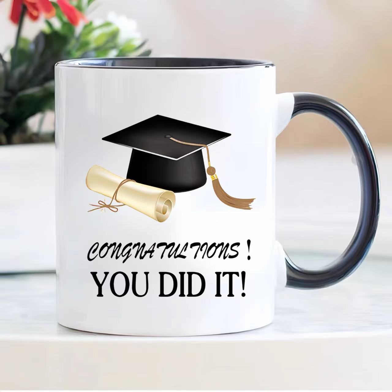 Tailorly Black Accent 11 oz Mug - 2024 graduation with graduation cap shaped handle