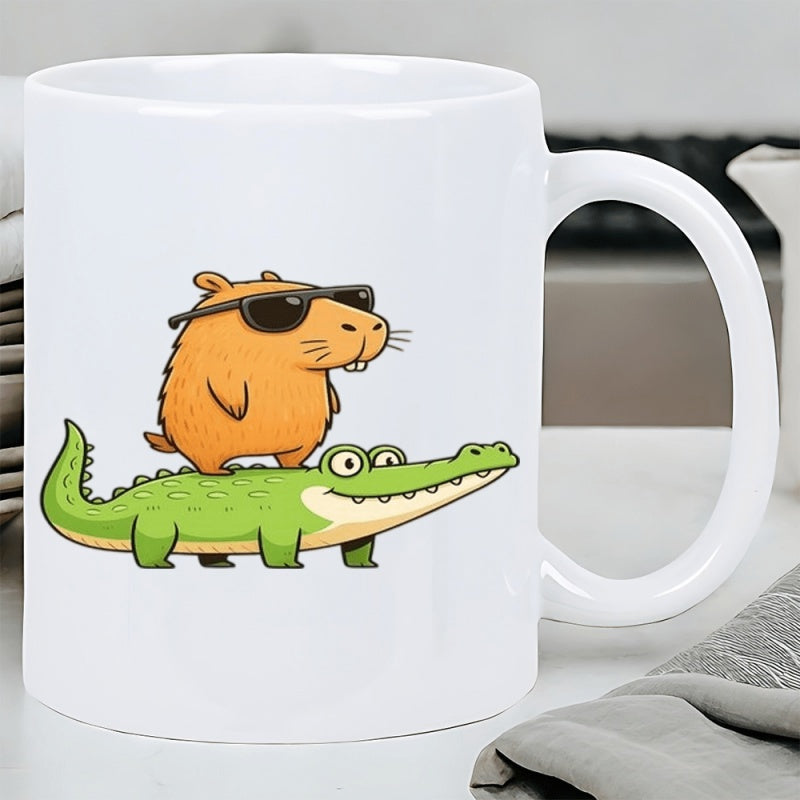 Tailorly White Ceramic 11 oz Mug - hamster riding crocodile