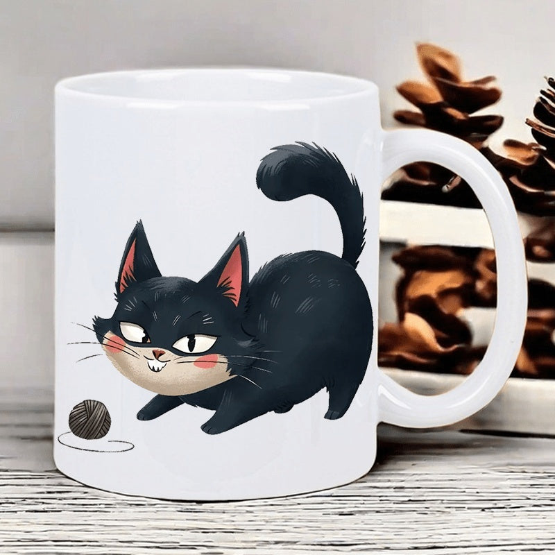 Tailorly White Ceramic 11 oz Mug - whimsical with kitten design