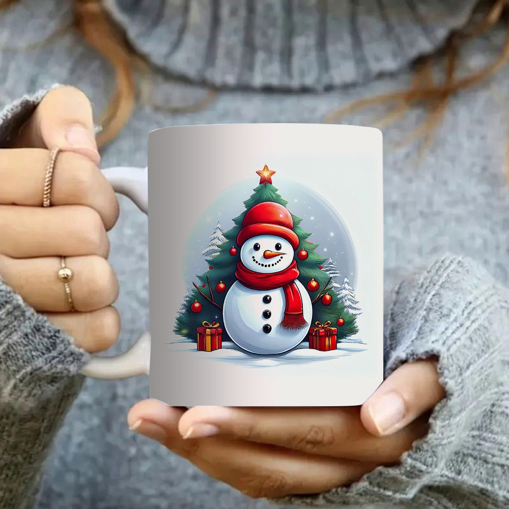 Tailorly White Ceramic 11 oz Mug - christmas snowman with red scarf