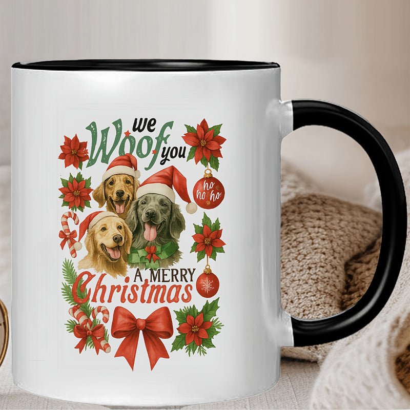 Tailorly Black Accent 11 oz Mug - festive dogs wearing santa hats and poinsettias