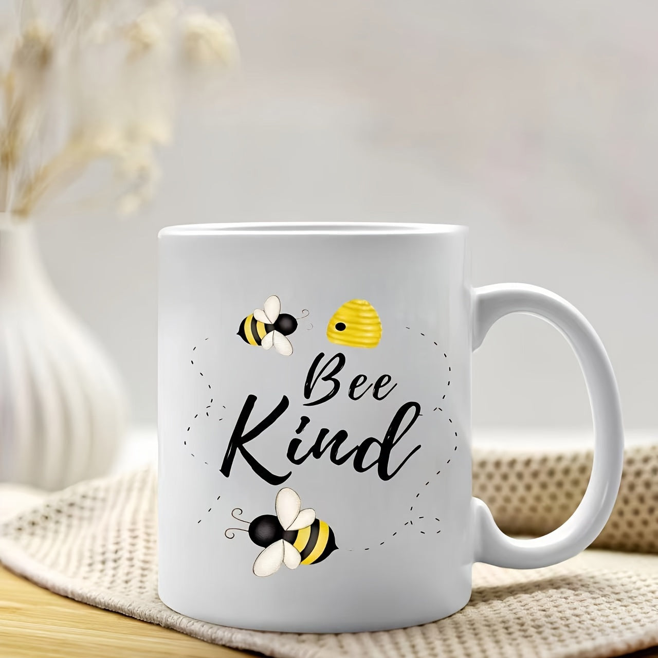 Tailorly White Ceramic 11 oz Mug - bees and honeycomb pattern