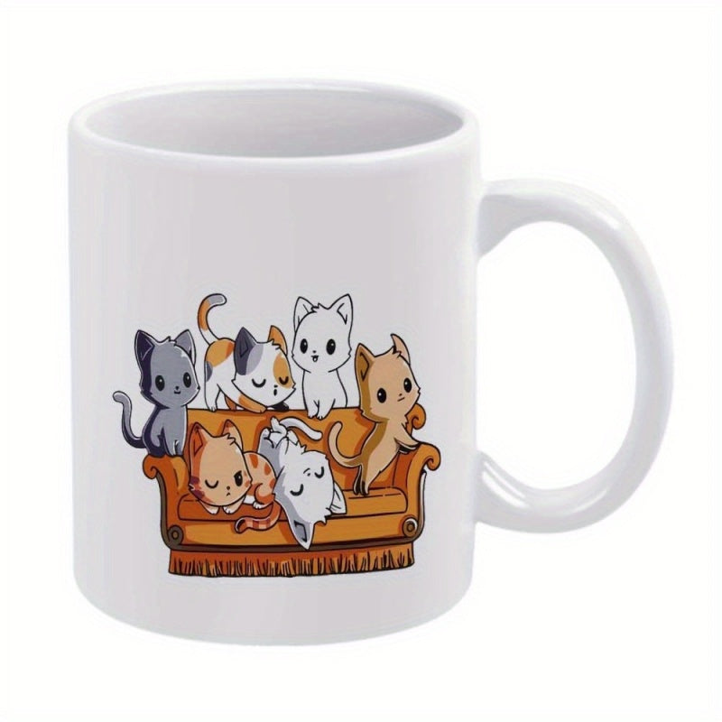 Tailorly White Ceramic 11 oz Mug - whimsical cats on orange couch