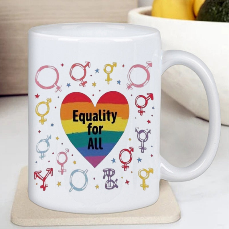 Tailorly White Ceramic 11 oz Mug - heart and pride symbols