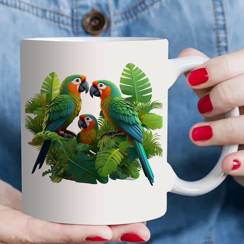 Tailorly White Ceramic 11 oz Mug - colorful parrots in tropical
