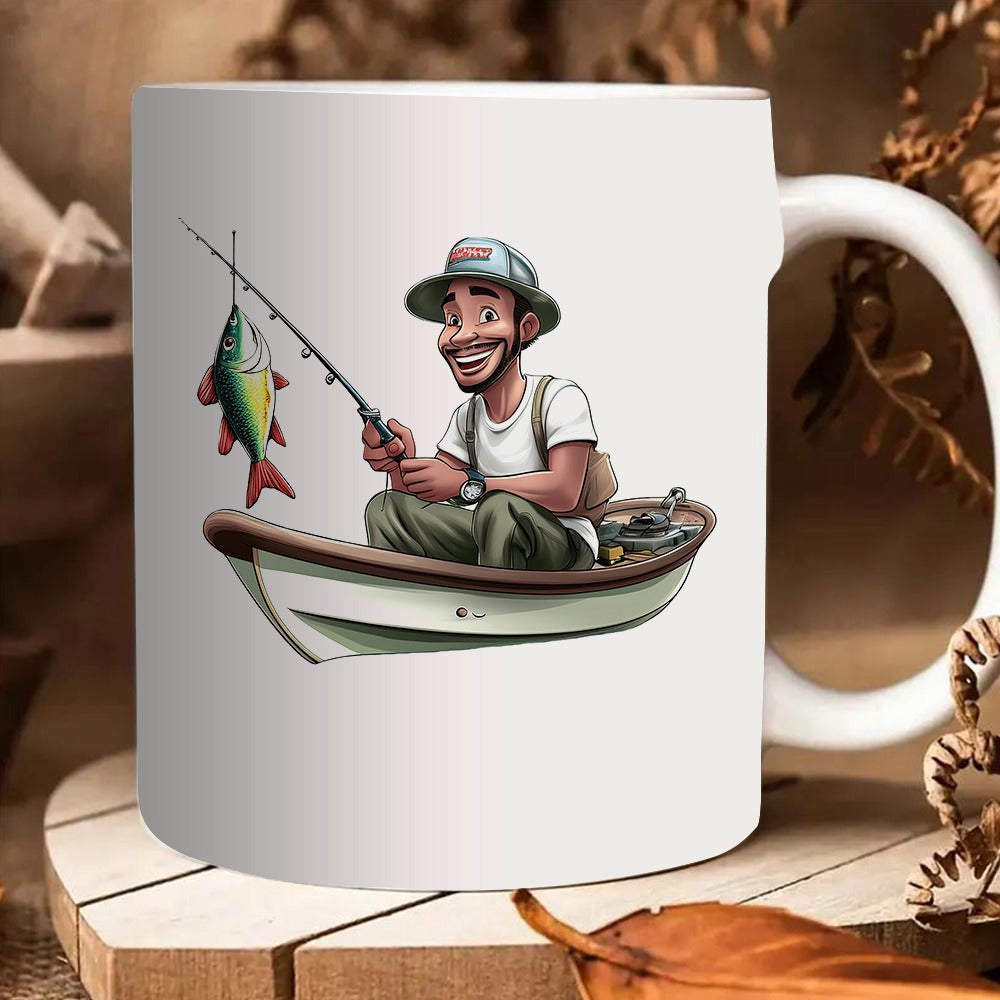 Tailorly White Ceramic 11 oz Mug - fisherman in a boat with a large catch