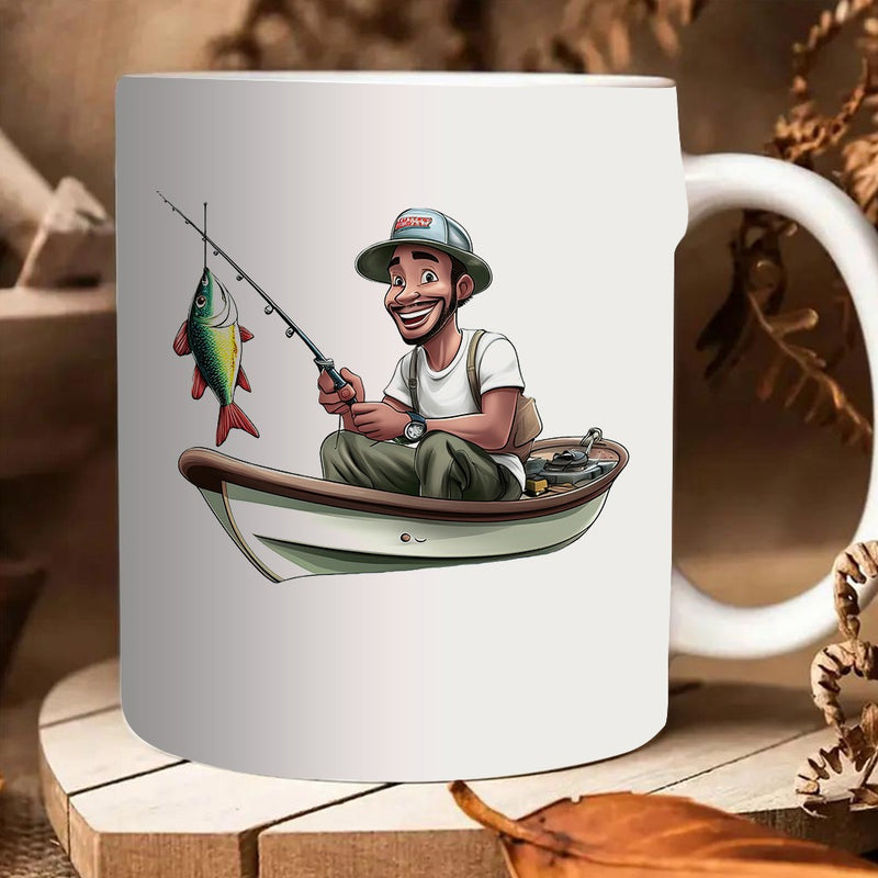 Tailorly White Ceramic 11 oz Mug - fisherman in a boat with a large catch