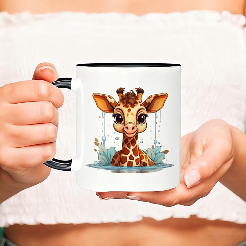 Tailorly Black Accent 11 oz Mug - adorable giraffe in water setting