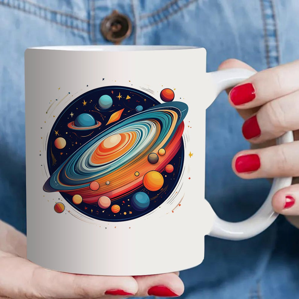 Tailorly White Ceramic 11 oz Mug - colorful planets and rings