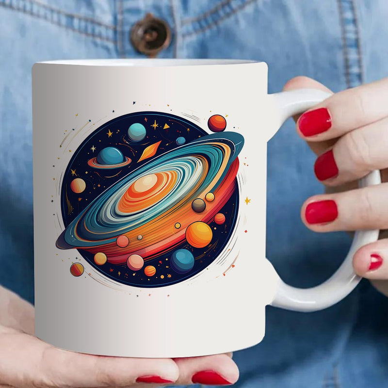 Tailorly White Ceramic 11 oz Mug - colorful planets and rings