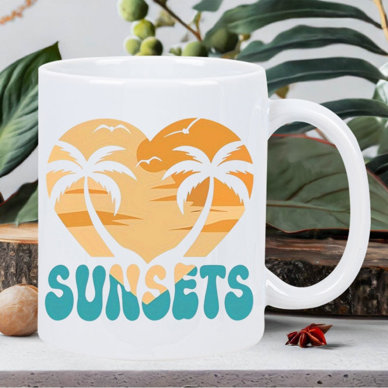 Tailorly White Ceramic 11 oz Mug - tropical beach sunset with turquoise palm tree