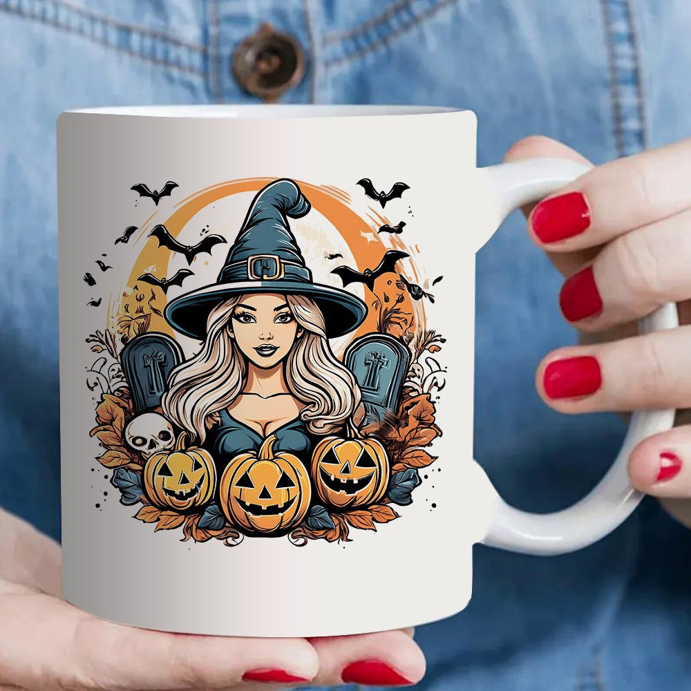 Tailorly White Ceramic 11 oz Mug - spooky pumpkins bats and moon