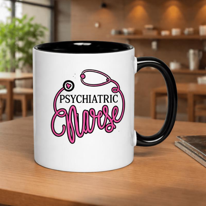 Tailorly Black Accent 11 oz Mug - a with a stethoscope for psychiatric nurses