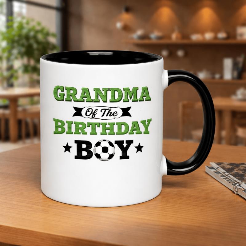 Tailorly Black Accent 11 oz Mug - grandma of the birthday football fan text and football graphic