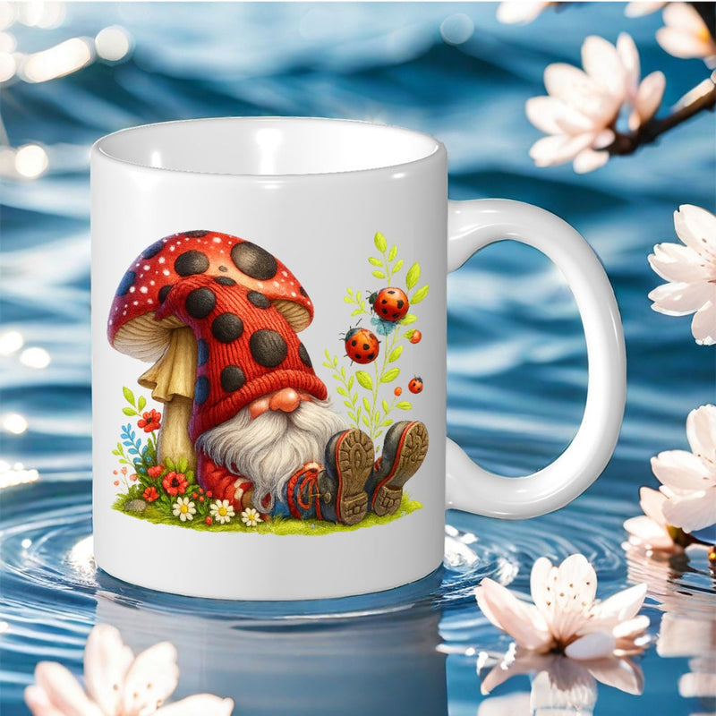 Tailorly White Ceramic 11 oz Mug - garden gnome ladybug with print