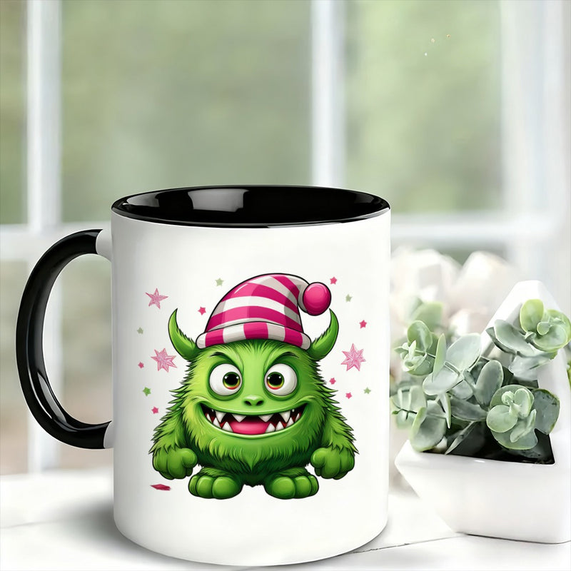 Tailorly Black Accent 11 oz Mug - cute coffee mug with a pink hat
