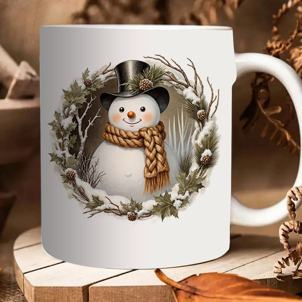 Tailorly White Ceramic 11 oz Mug - snowman with top hat and scarf winter scene