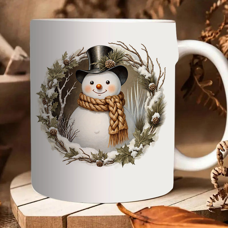 Tailorly White Ceramic 11 oz Mug - snowman with top hat and scarf winter scene